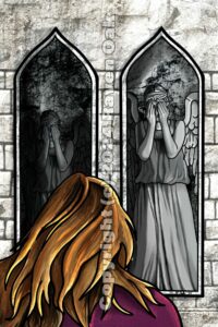 Art piece by Raven Oak featuring two weeping angels and a woman looking at them.