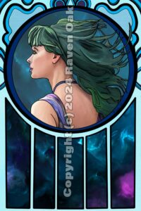 A woman with green hair in an art-nouveau style piece by Raven Oak