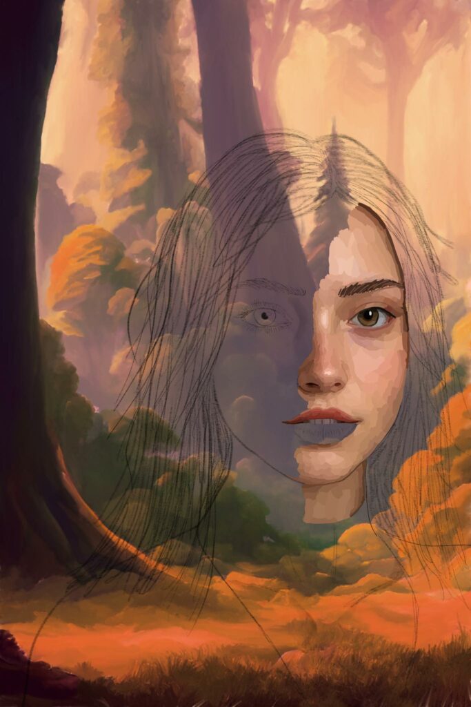 A work in progress by artist Raven Oak. Image shows a fall forest background and part of a woman's face in the foreground.