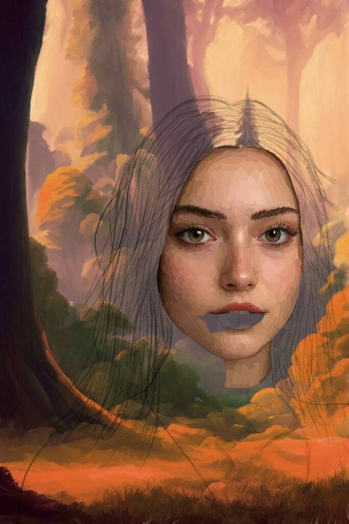 A work in progress by artist Raven Oak. Image shows a fall forest background and most of a woman's face in the foreground.