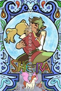 She-Ra and Catra kiss in an art-nouveau style piece by Raven Oak